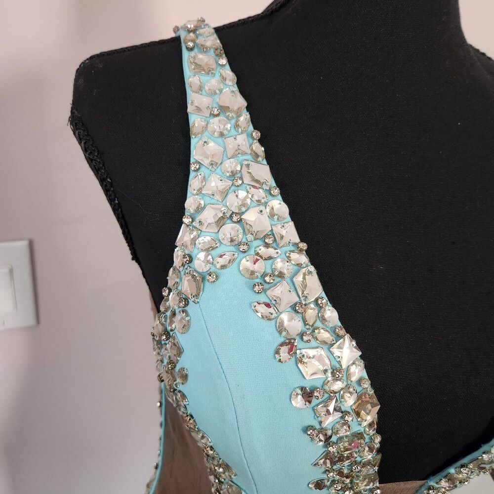 NWT-Jovani Couture Beaded Plunge Gown Tiffany Blue Slit Dress-Size 4 - Picture 8 of 16